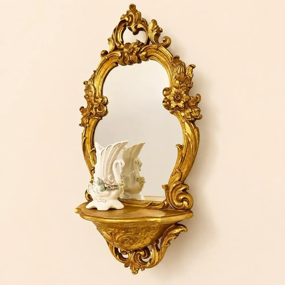 Vintage Syroco Gold Mirror Shelf Hollywood Regency Wall Decor